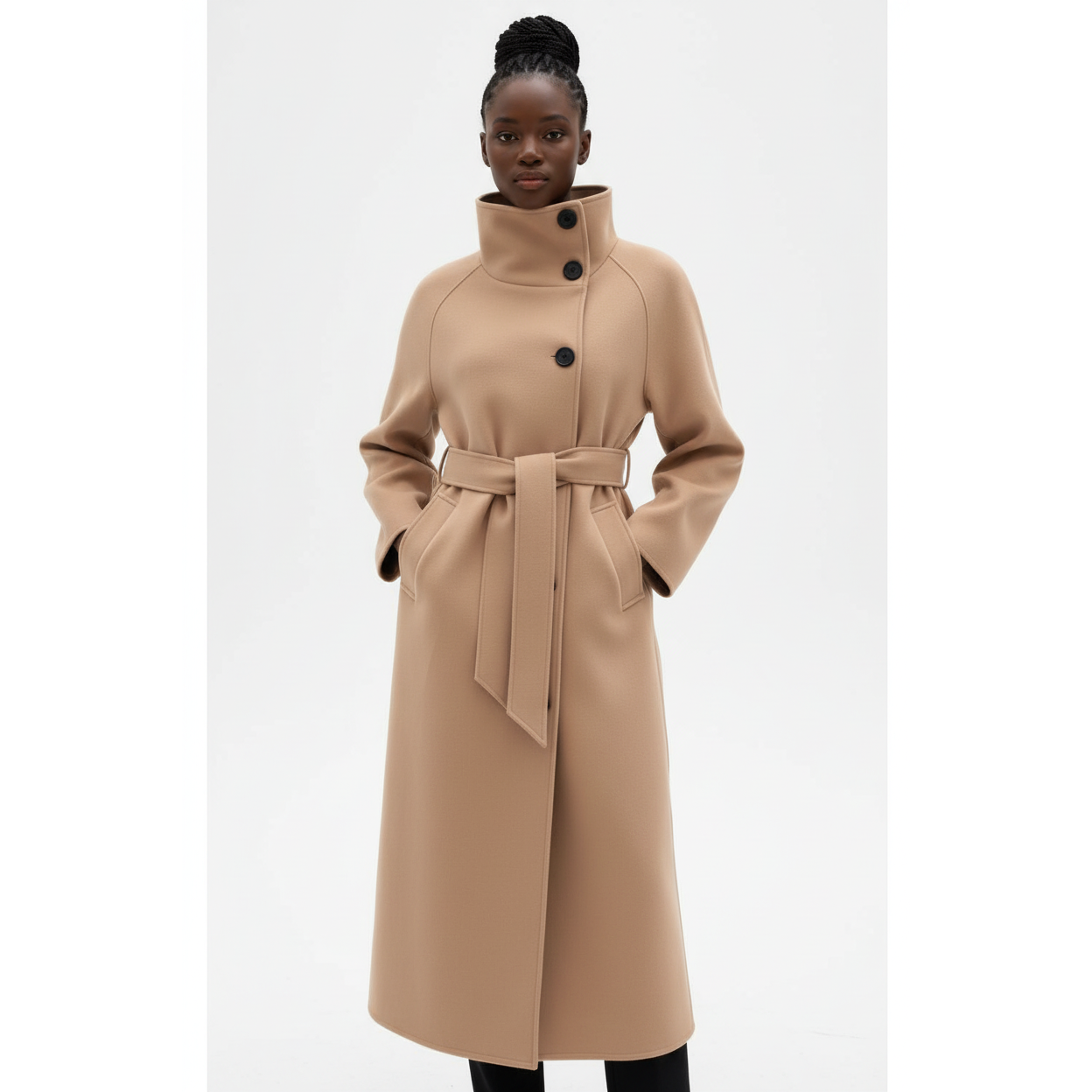 High-Neck Wool Belted Coat