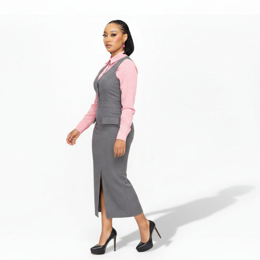 Plus Size Corporate Pinafore Slit Midi Pencil Dress & Shirt Set