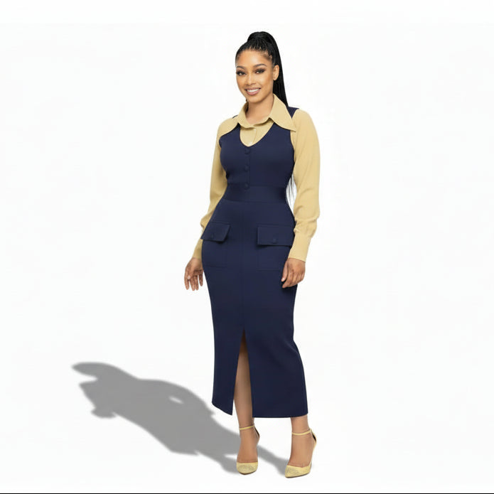Plus Size Corporate Pinafore Slit Midi Pencil Dress & Shirt Set