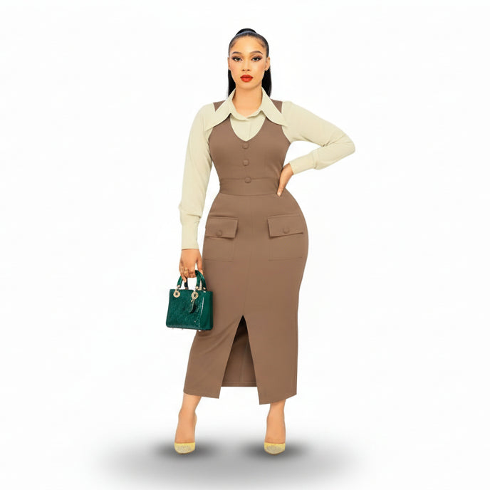 Plus Size Corporate Pinafore Slit Midi Pencil Dress & Shirt Set