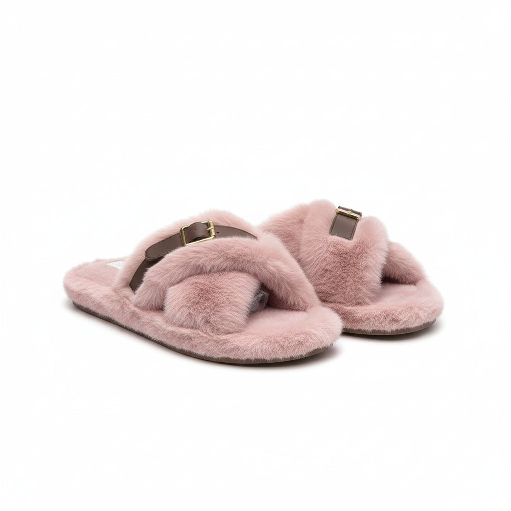 Soft Plush Fuzzy Crossed Strap Buckle Slippers