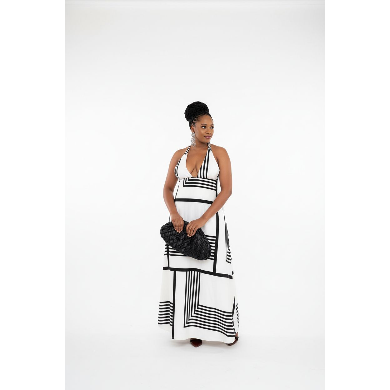 Long Striped Poplin Halter-Neck Midi Dress