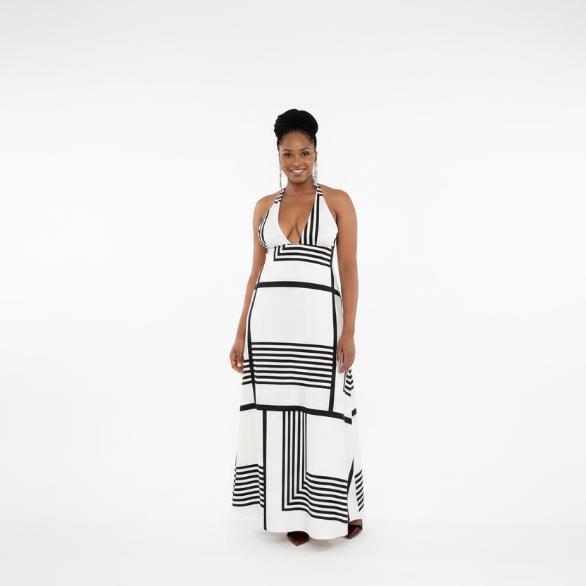 Long Striped Poplin Halter-Neck Midi Dress