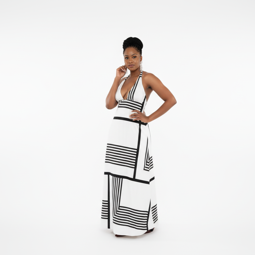 Long Striped Poplin Halter-Neck Midi Dress