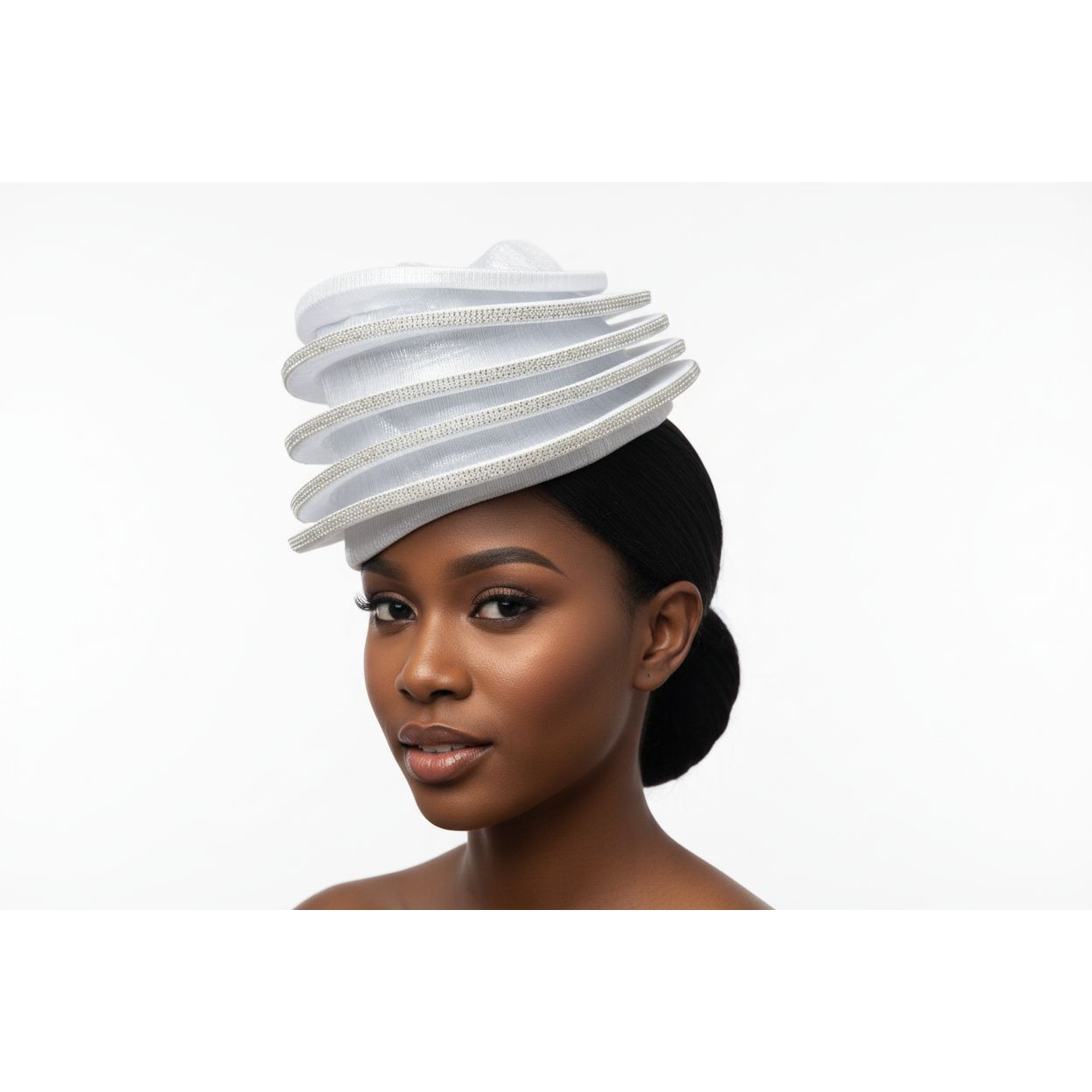 Formal Fascinator Decorated With Rhinestone Trim Hat .