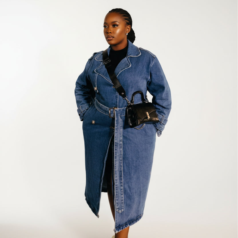 Long Sleeve Waist Belt Denim Trench Midi Dress