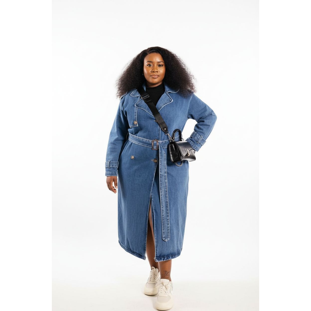 Long Sleeve Waist Belt Denim Trench Midi Dress