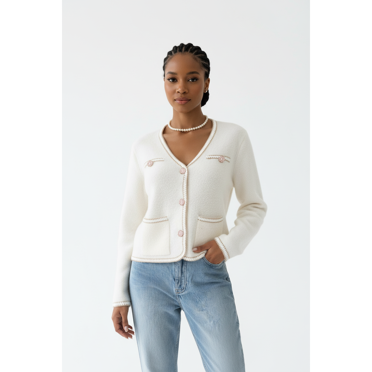 Pearl Button Trim Knitted Cardigan