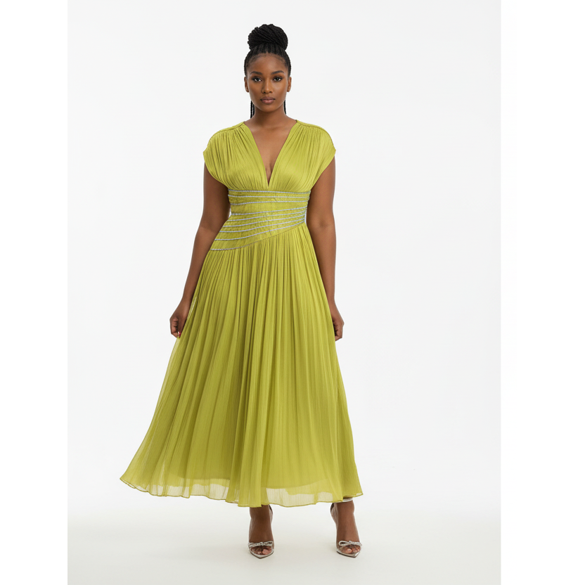 V-Neck Short Sleeve Solid Color Rayon Blend Fitted Maxi Dress