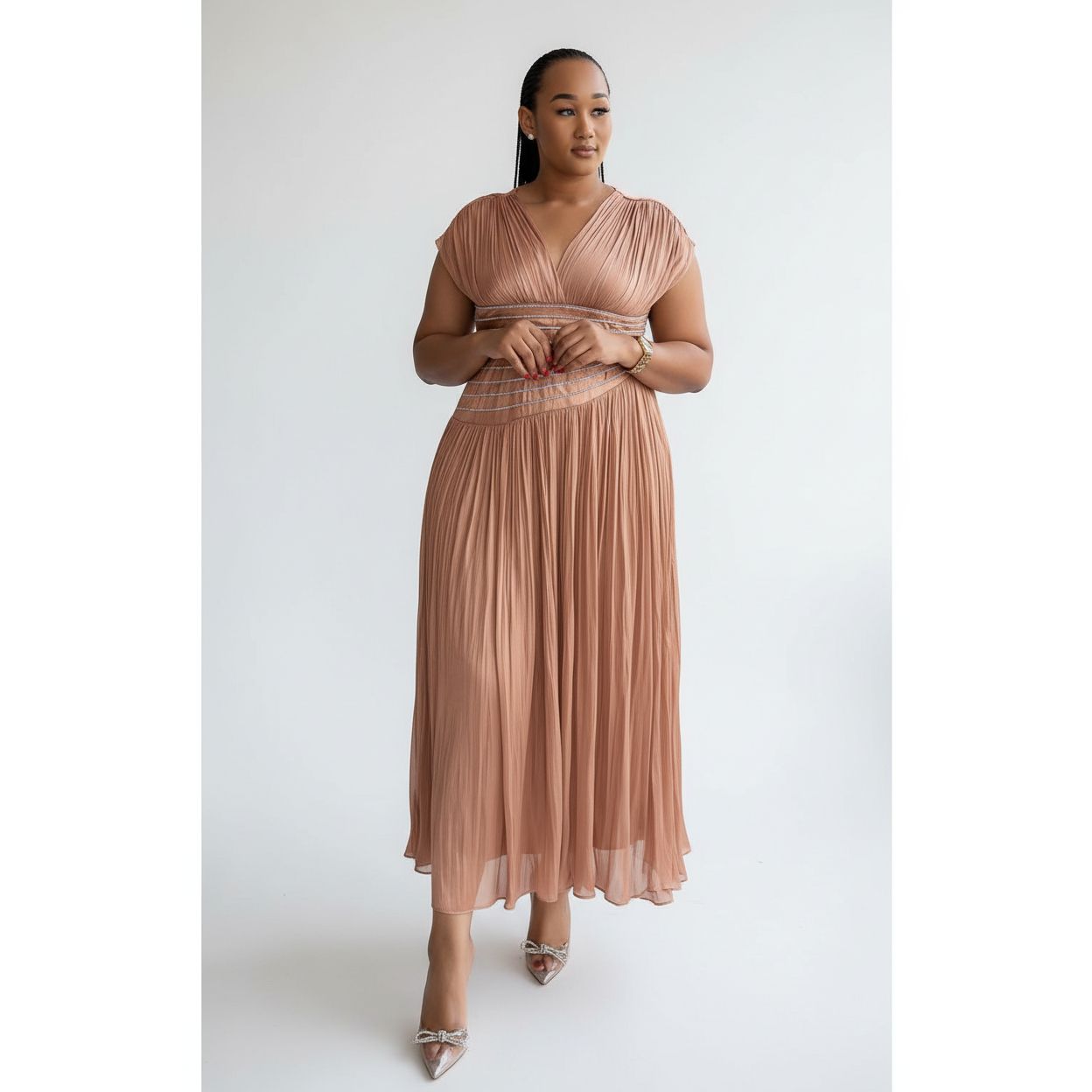 V-Neck Short Sleeve Solid Color Rayon Blend Fitted Maxi Dress