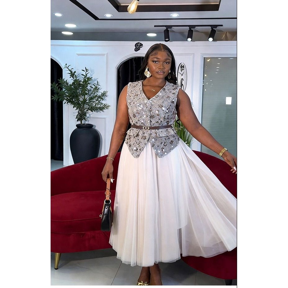 Sequined Vest & Tulle Midi Skirt 2 Piece Set