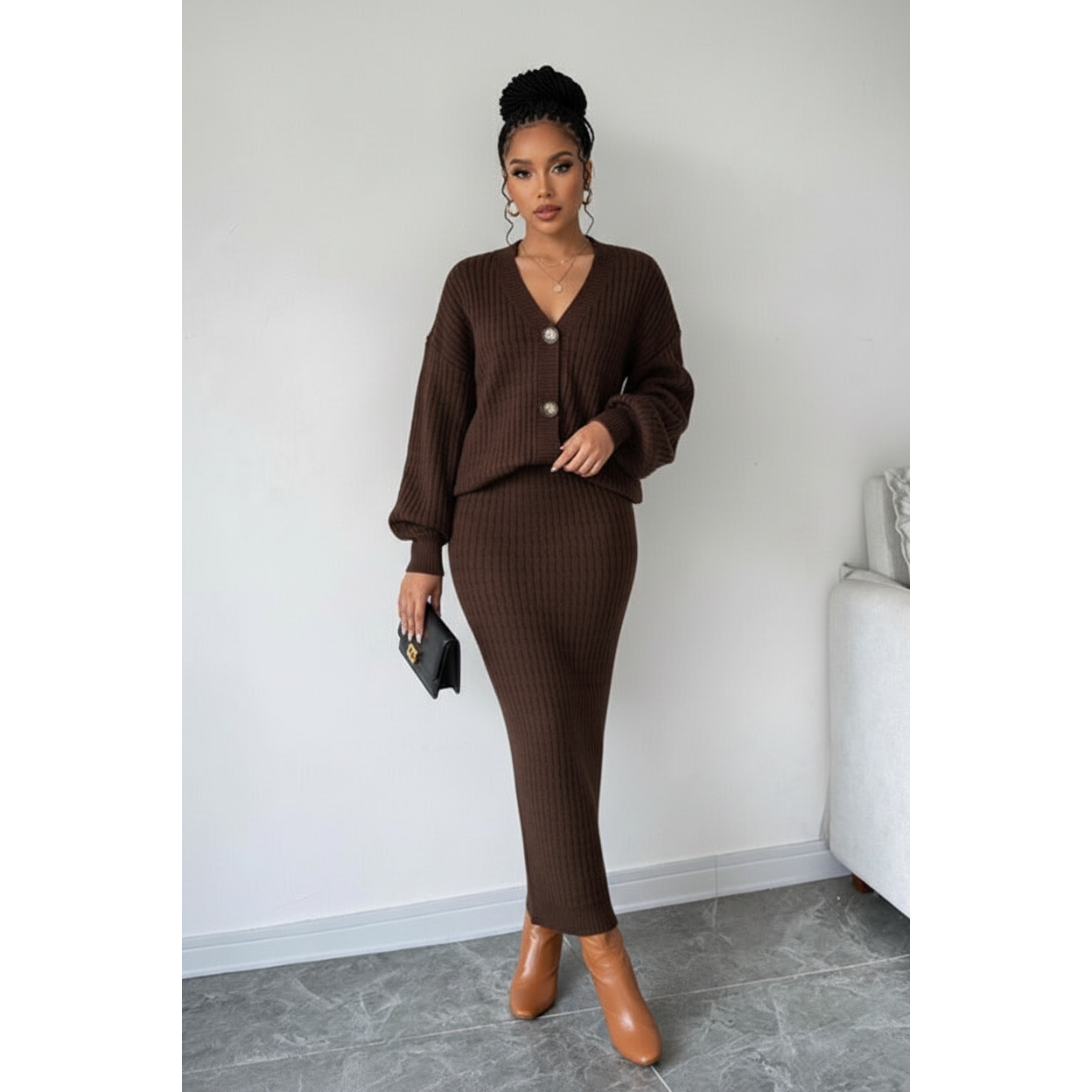 Ladies Two-Piece Knitted Sweater & Maxi Skirt Set