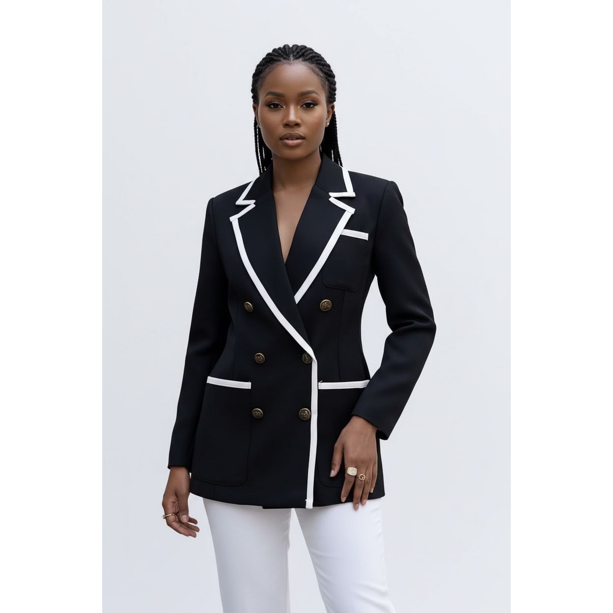 Double Breasted Panel Trim Long Sleeve Blazer