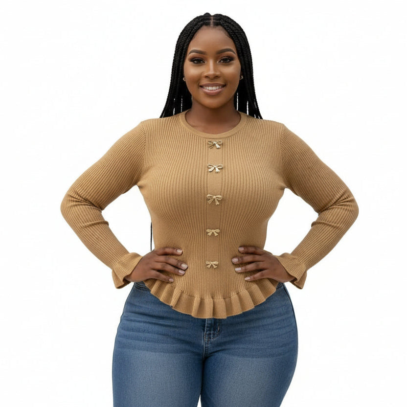 Front Button Ruffle Long Sleeve Top