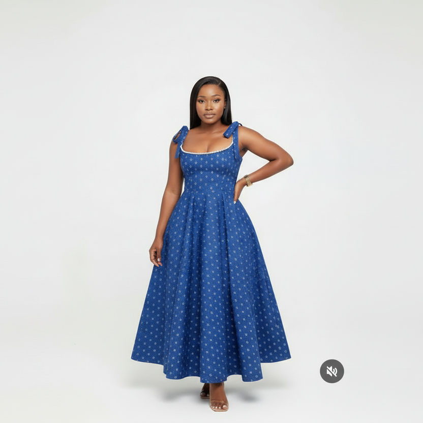 Patterned Dress with Shoulder Ties and Pearl Trim.