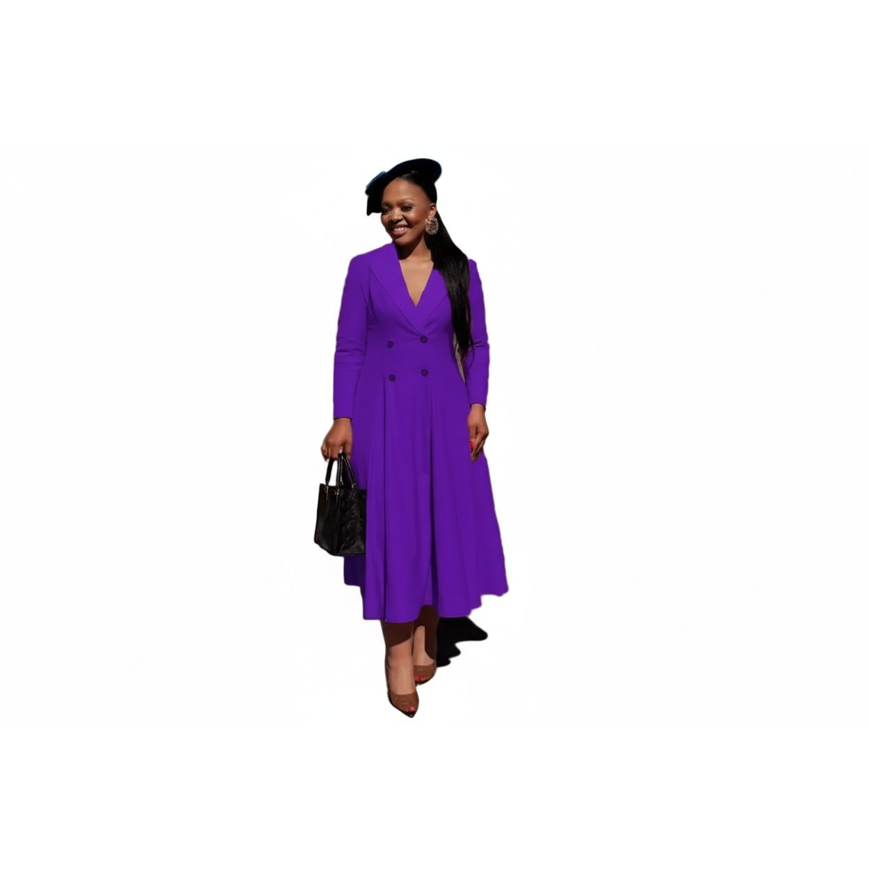 Plus Size Double-Breasted Long-Sleeve Midi Dress