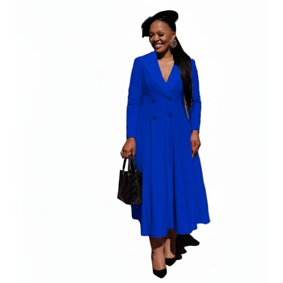 Plus Size Double-Breasted Long-Sleeve Midi Dress