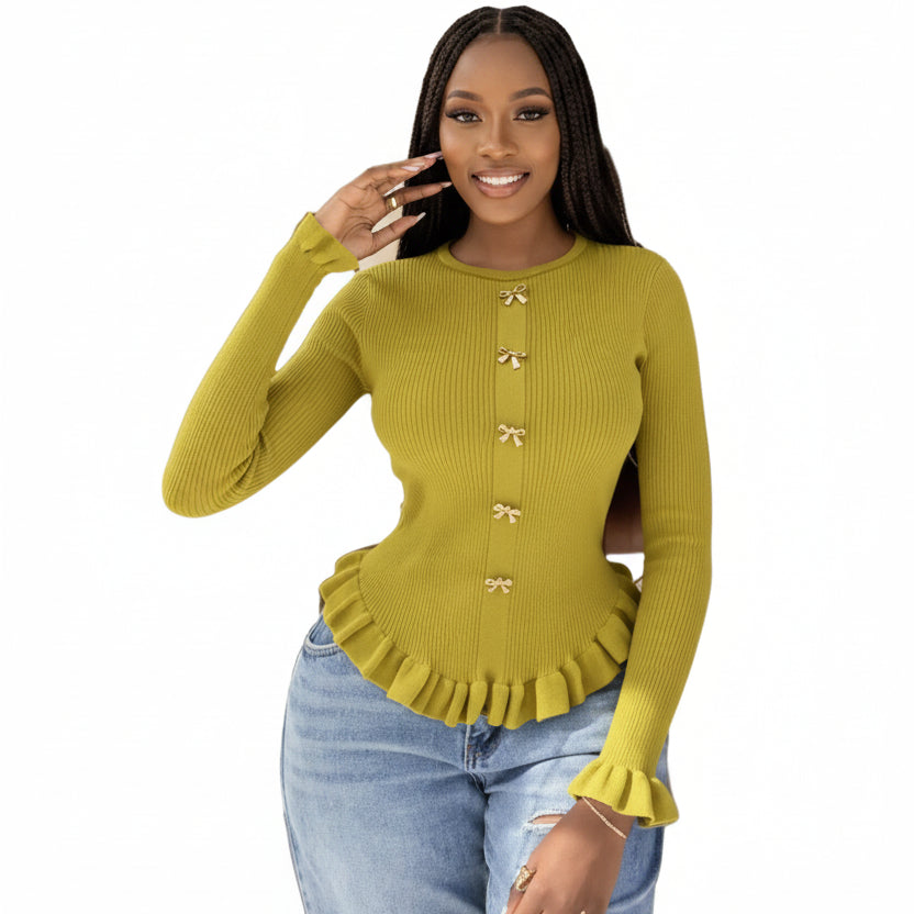 Front Button Ruffle Long Sleeve Top