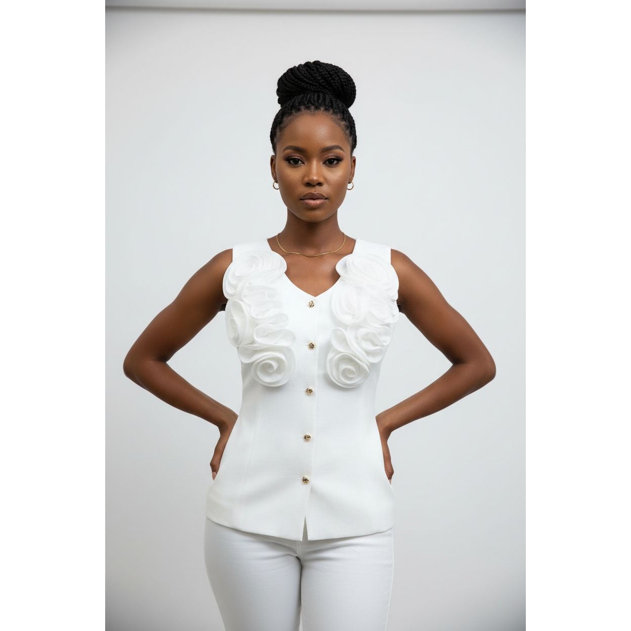 Sleeveless Large Rosette Detail Top on The Front