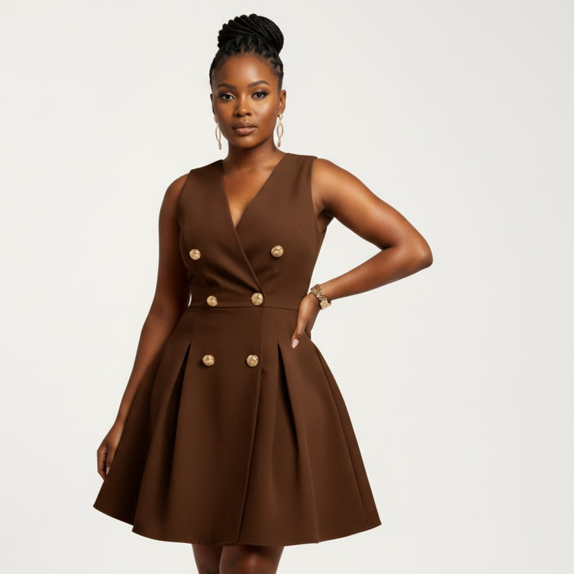 Plus Size Button Design Sleeveless Pleated Mini Dress