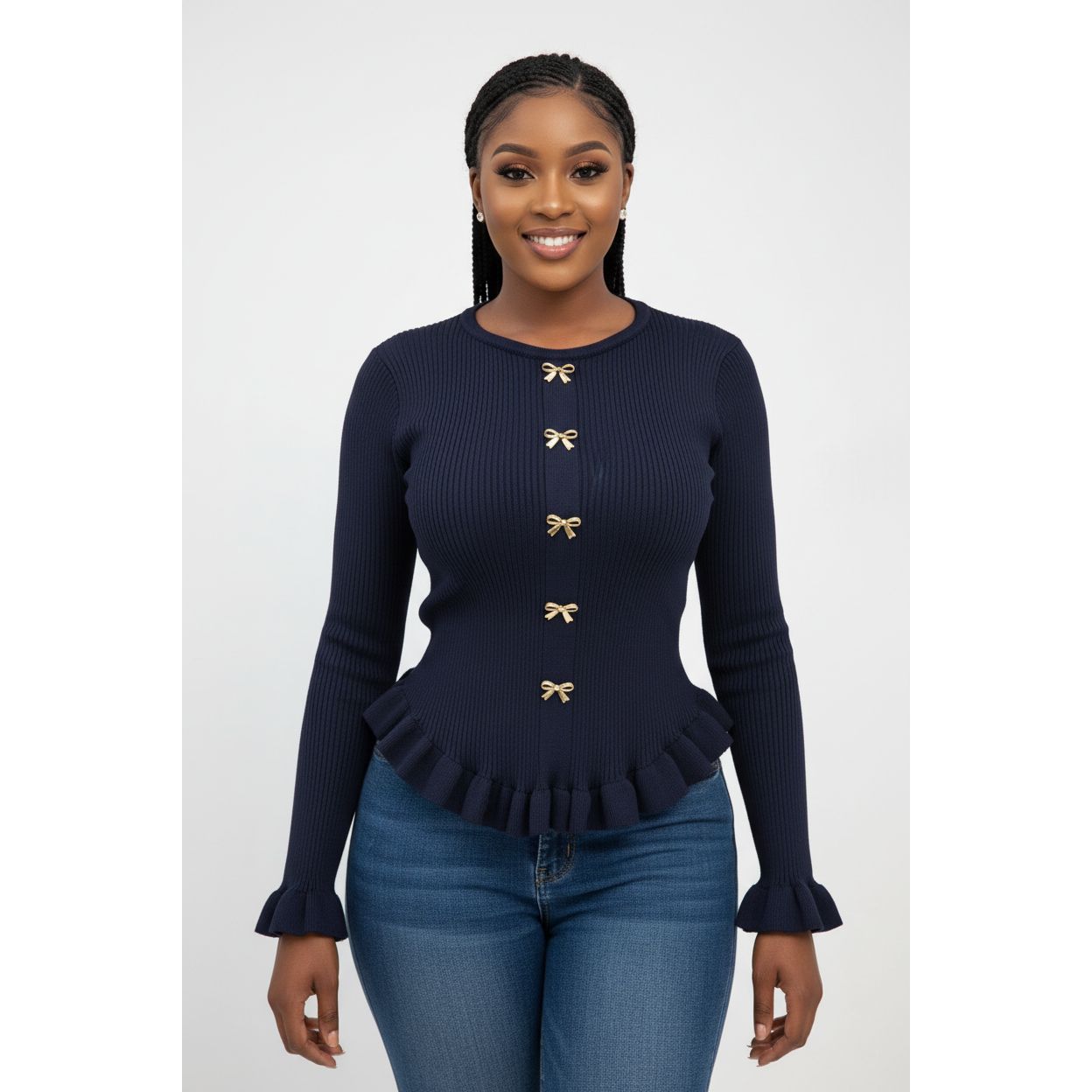 Front Button Ruffle Long Sleeve Top