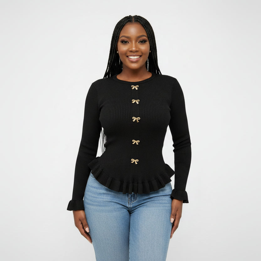 Front Button Ruffle Long Sleeve Top