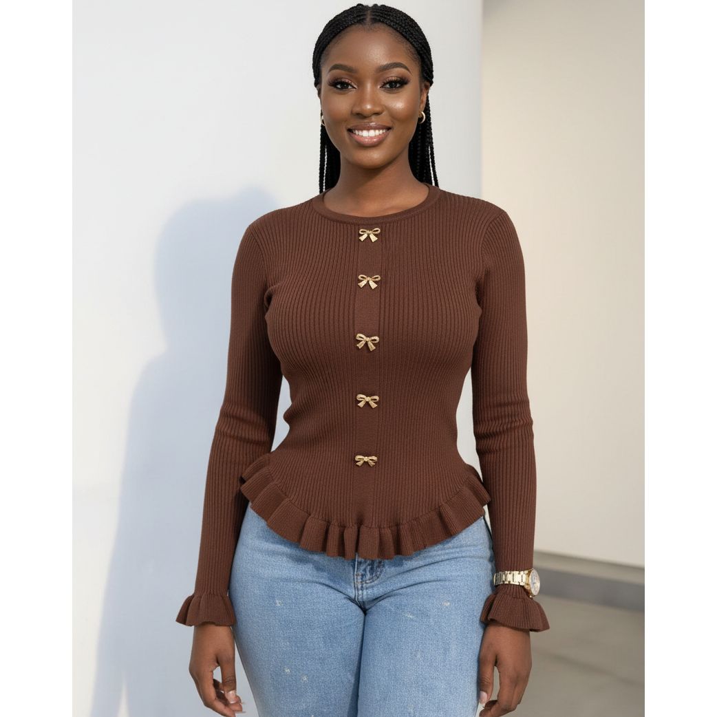 Front Button Ruffle Long Sleeve Top