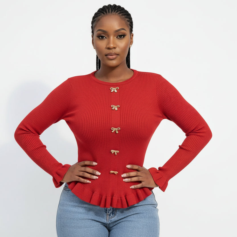 Front Button Ruffle Long Sleeve Top
