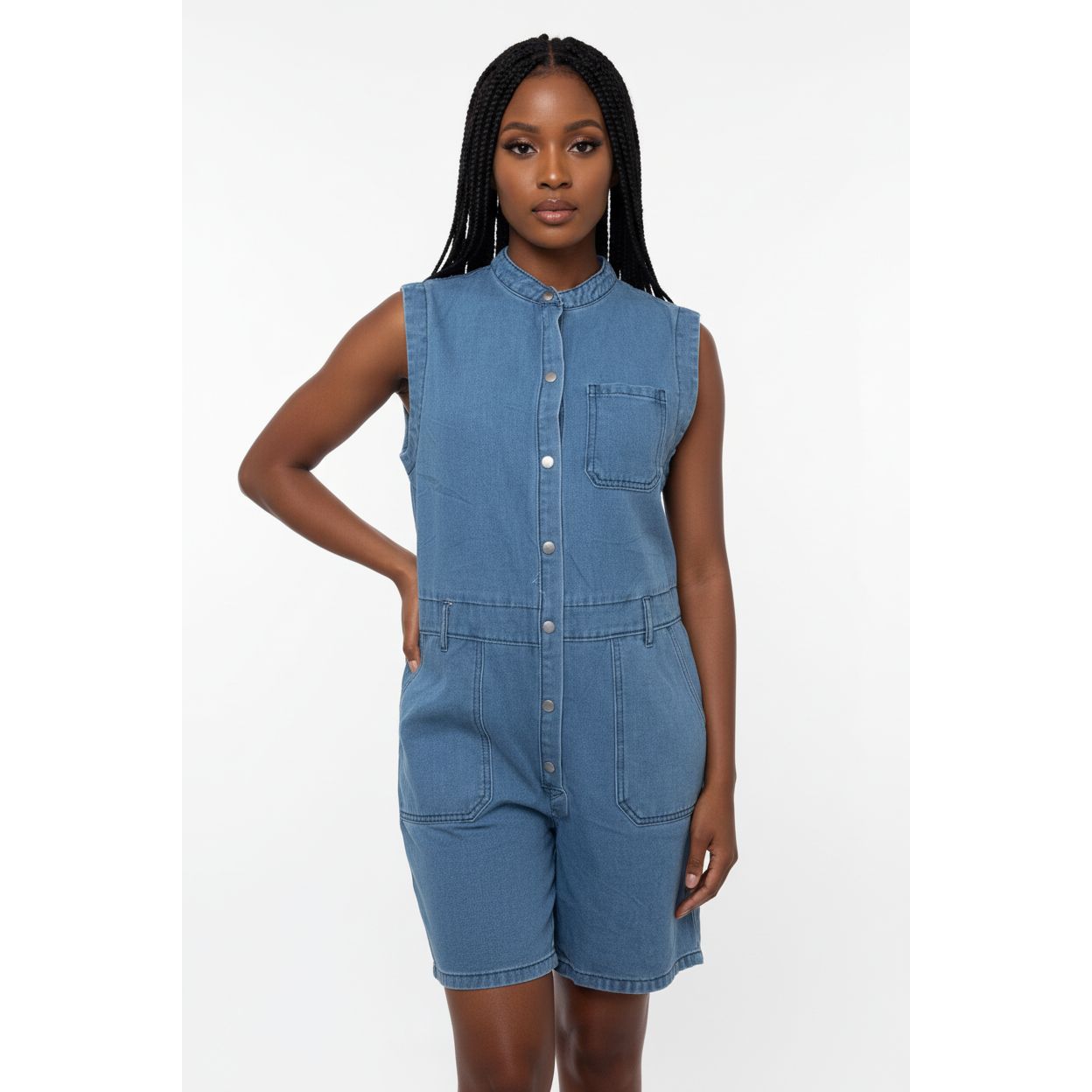 Button Front Sleeveless Denim Above Knee Jumpsuit