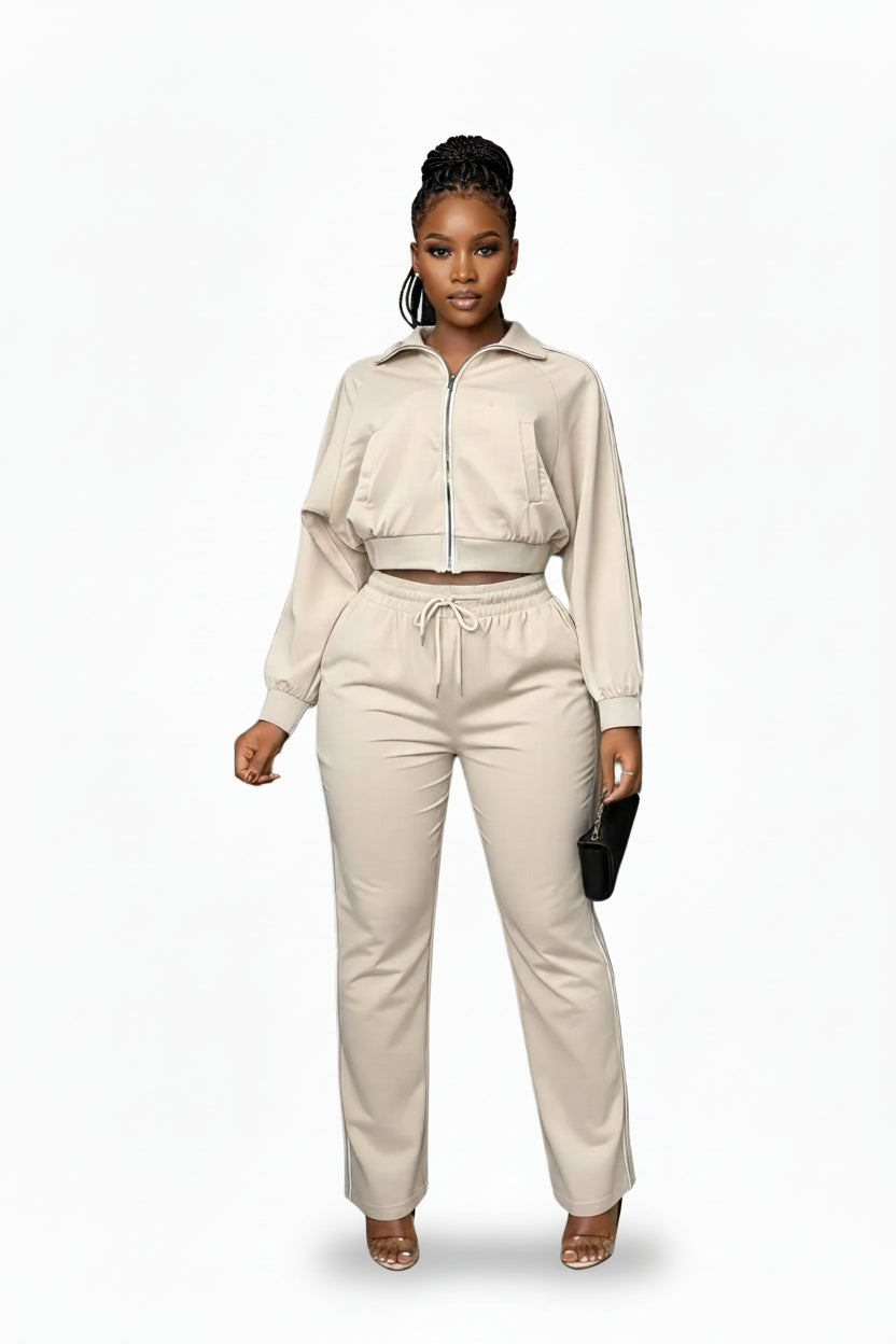 Cropped Zip-Up Track Top & Straight Pants Set