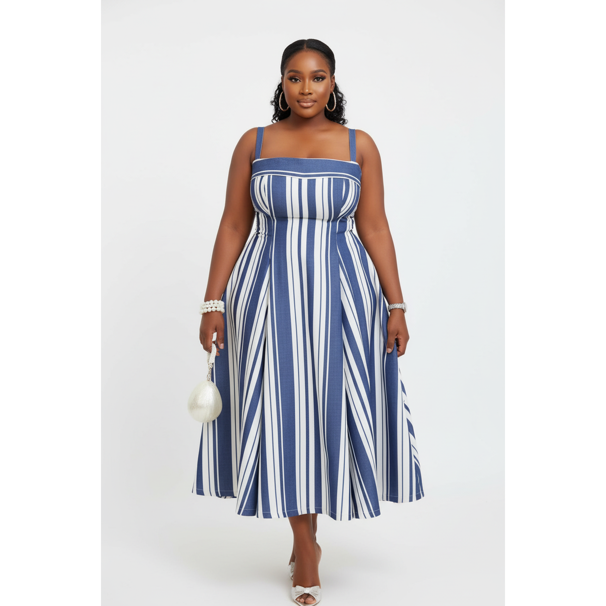 Plus Size Sleeveless Striped Flared Midi Dress