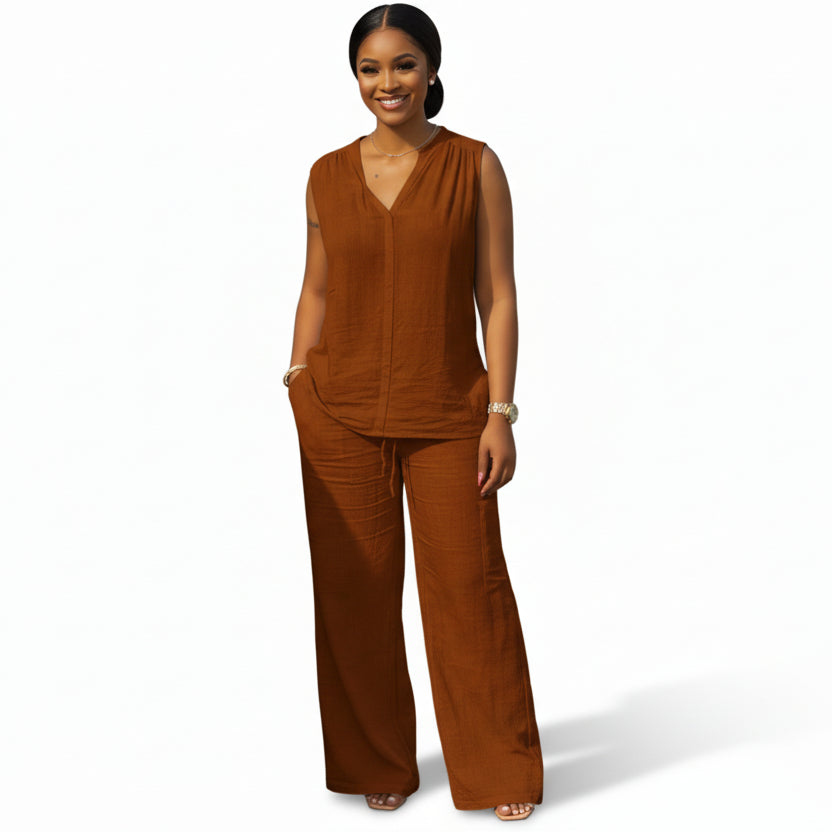 Plus Size Linen Top & Wide Leg Relaxed Trousers Set