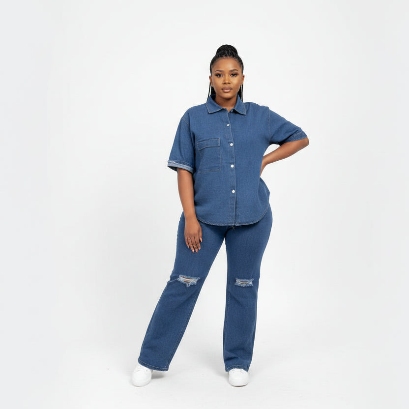Loose-fit Button-down Top and Matching Flare Jeans