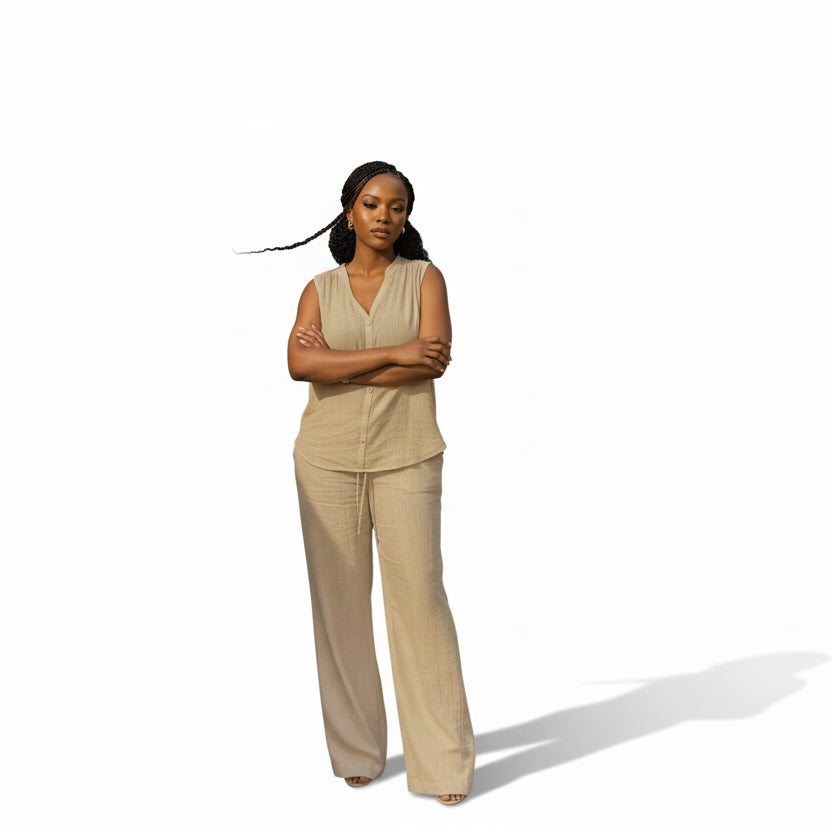 Plus Size Linen Top & Wide Leg Relaxed Trousers Set