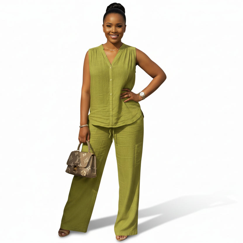 Plus Size Linen Top & Wide Leg Relaxed Trousers Set