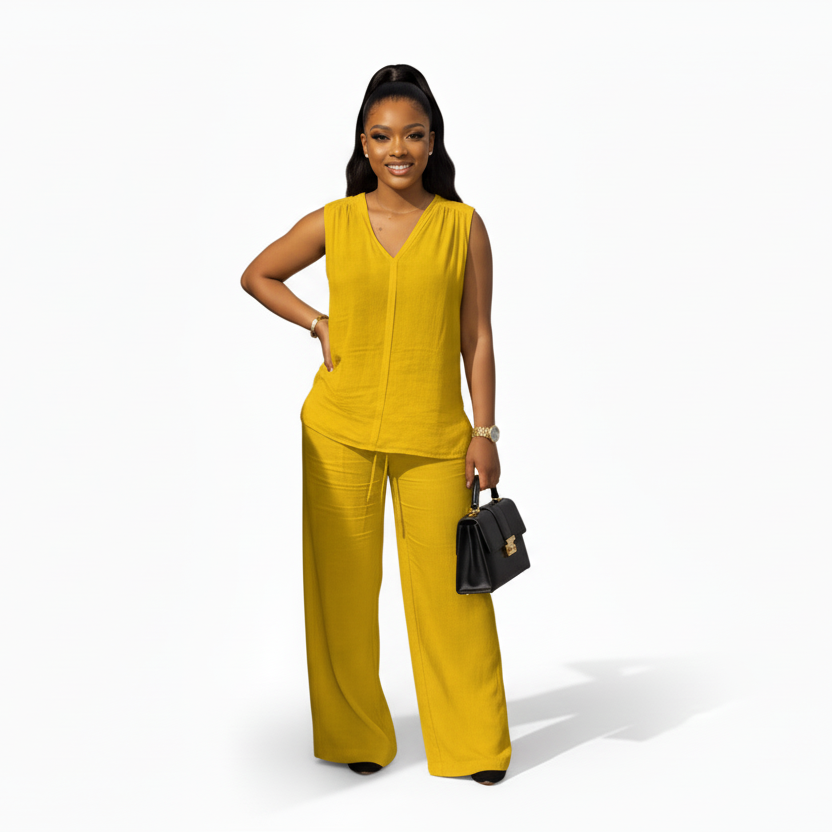 Plus Size Linen Top & Wide Leg Relaxed Trousers Set