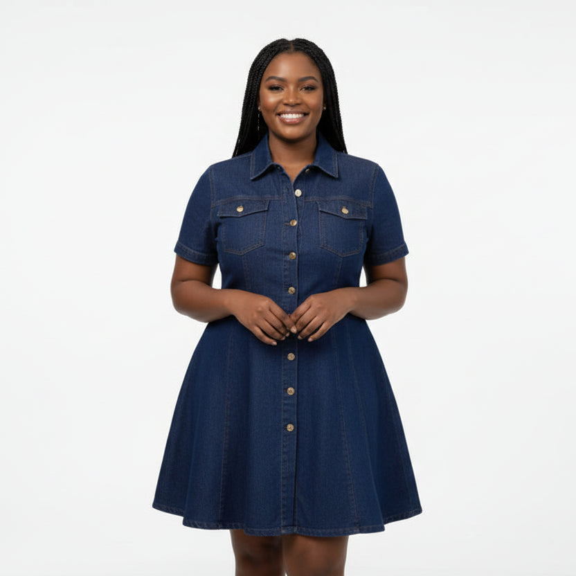 Plus Size Denim Button-Down Short Shirt Dress