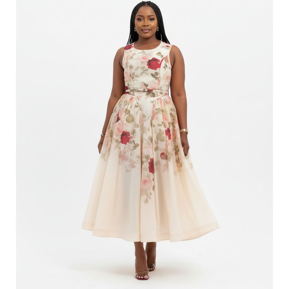 Elegant Sleeveless Rose Printed Midi Dress