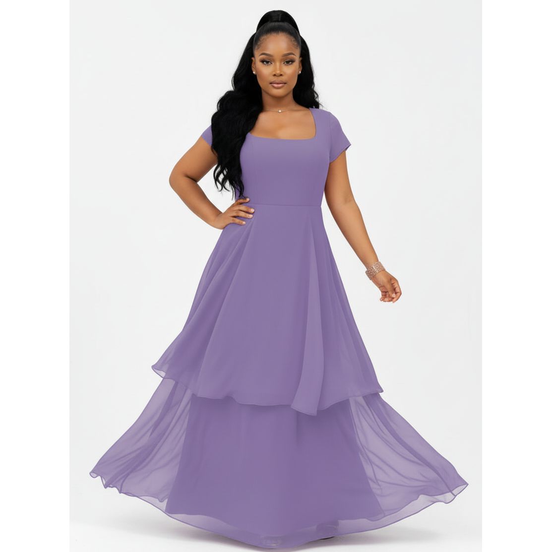Plus Size Layered Chiffon Maxi Gown