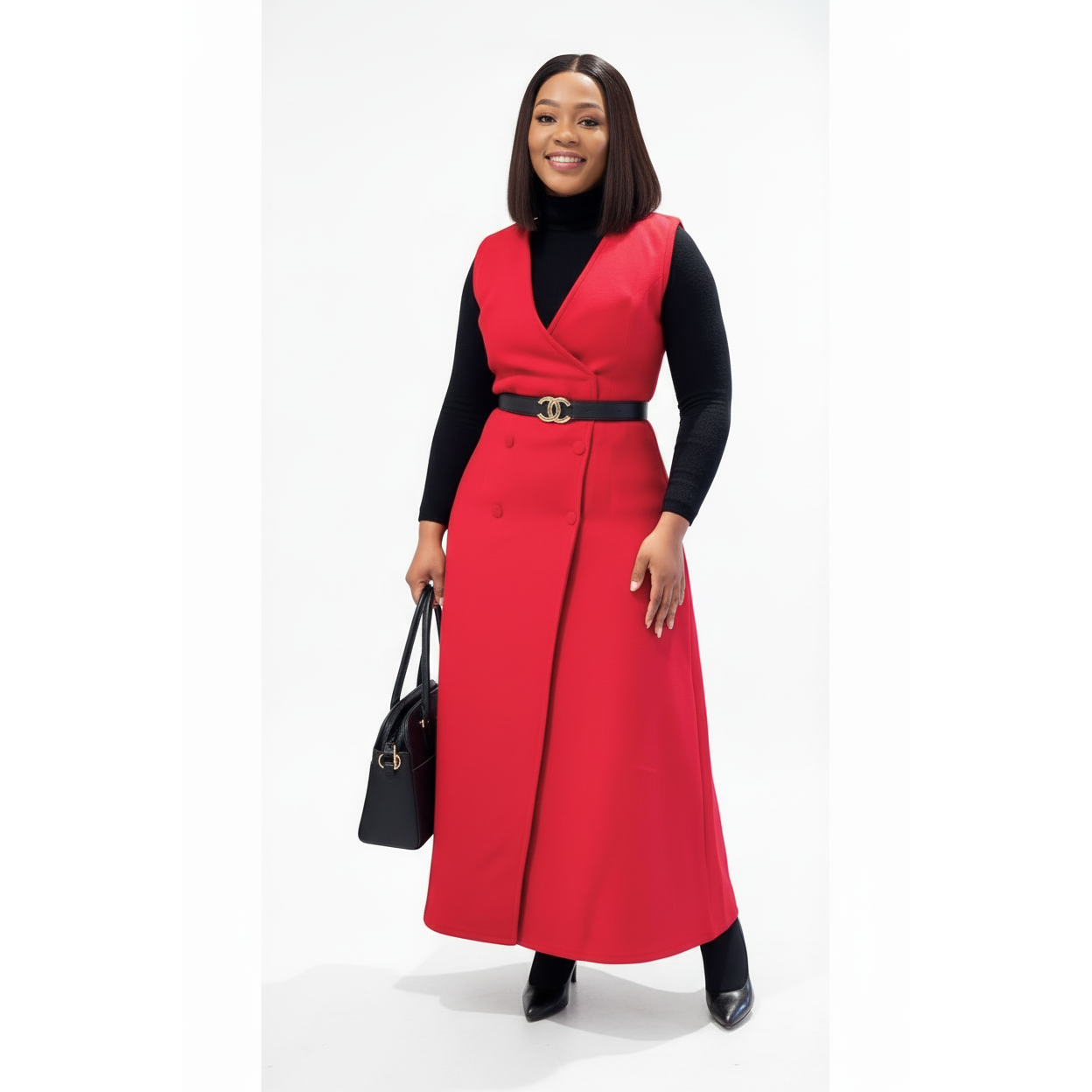 Plus Size Sleeveless V-Neck Belted Midi Dress. 
