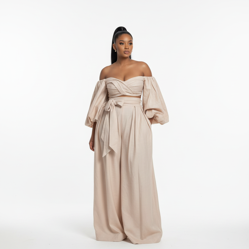 Off-shoulder Wrap Top and Wide-leg Pant Set