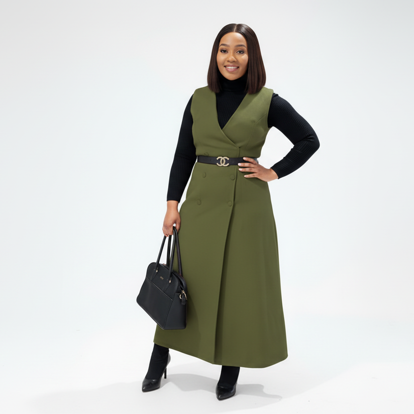 Plus Size Sleeveless V-Neck Belted Midi Dress. 