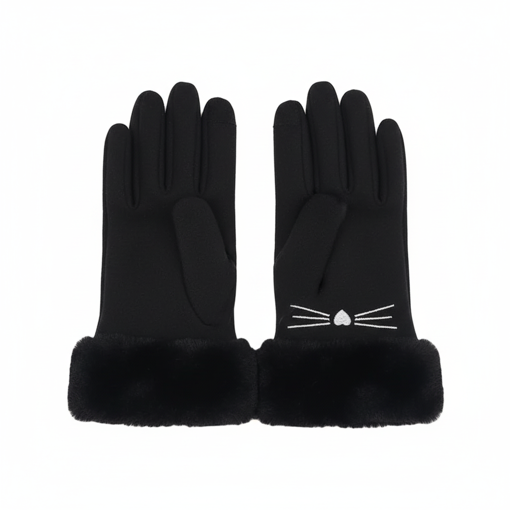 Winter Gloves with Embroidered Cat Whiskers and Faux Fur Cuffs