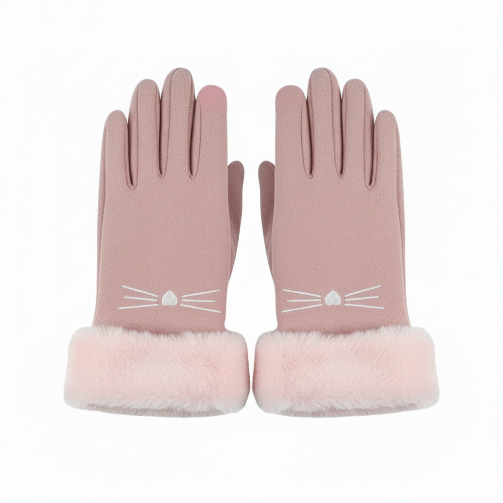 Winter Gloves with Embroidered Cat Whiskers and Faux Fur Cuffs