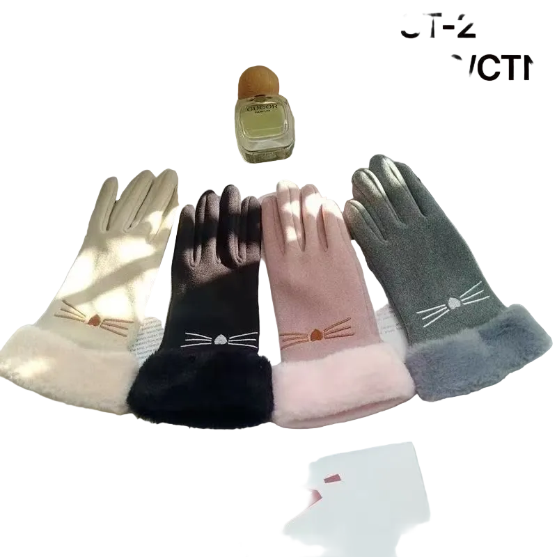 Winter Gloves with Embroidered Cat Whiskers and Faux Fur Cuffs