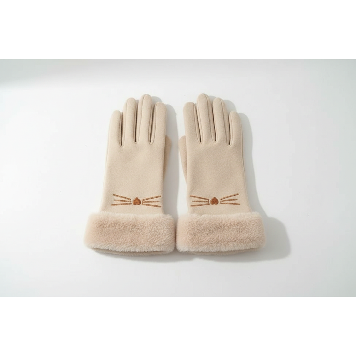 Winter Gloves with Embroidered Cat Whiskers and Faux Fur Cuffs