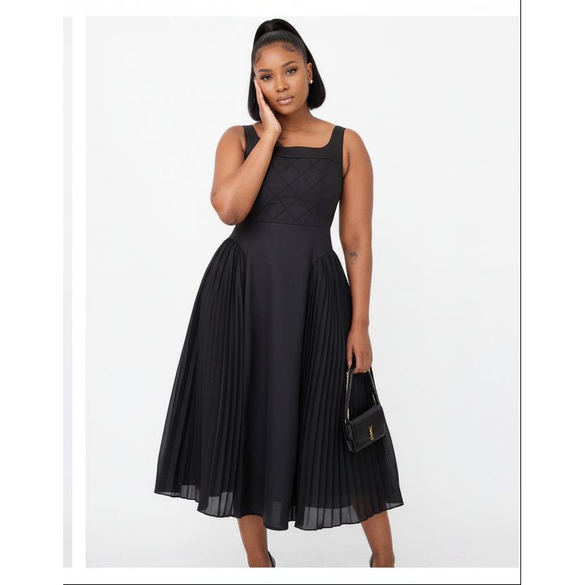Classic Square Neck Pleated Midi Dress