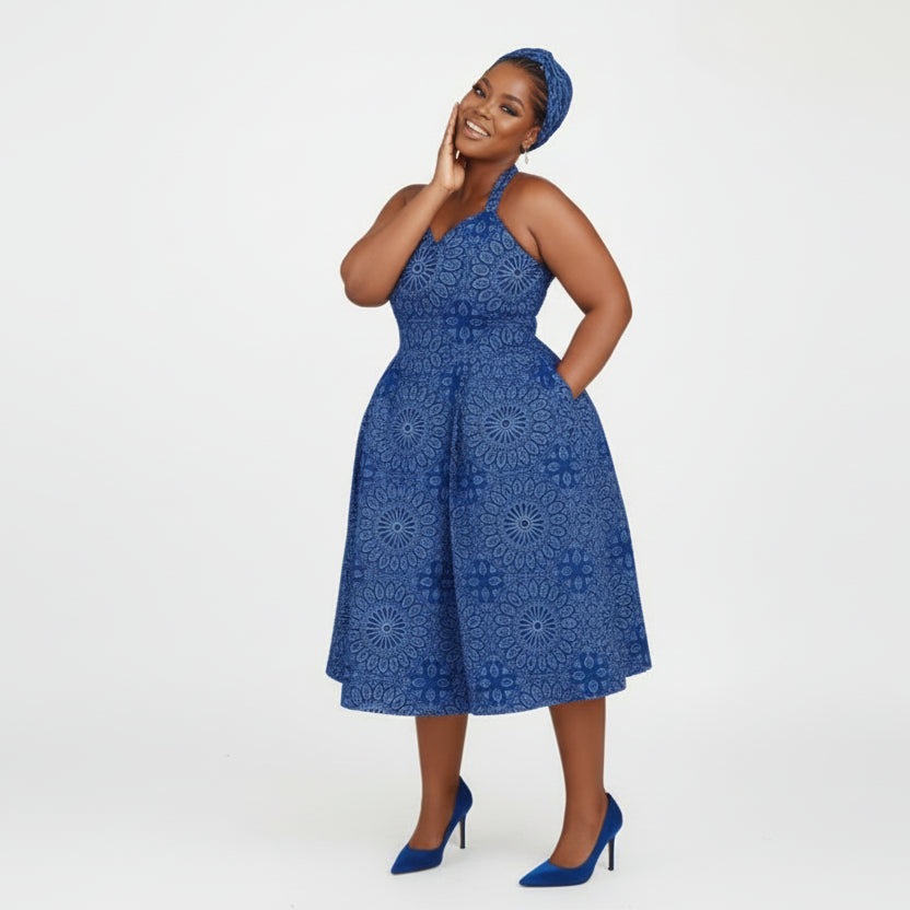 Plus Size Shweshwe Inspired Halter Neck Midi Dress
