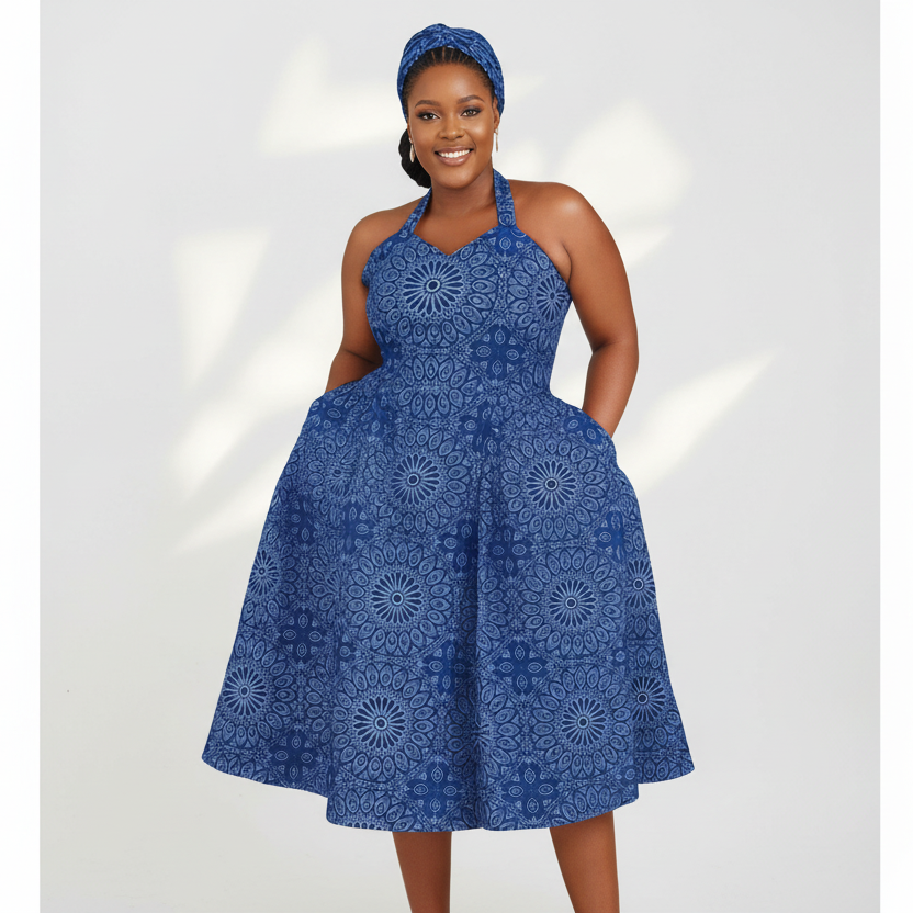 Plus Size Shweshwe Inspired Halter Neck Midi Dress