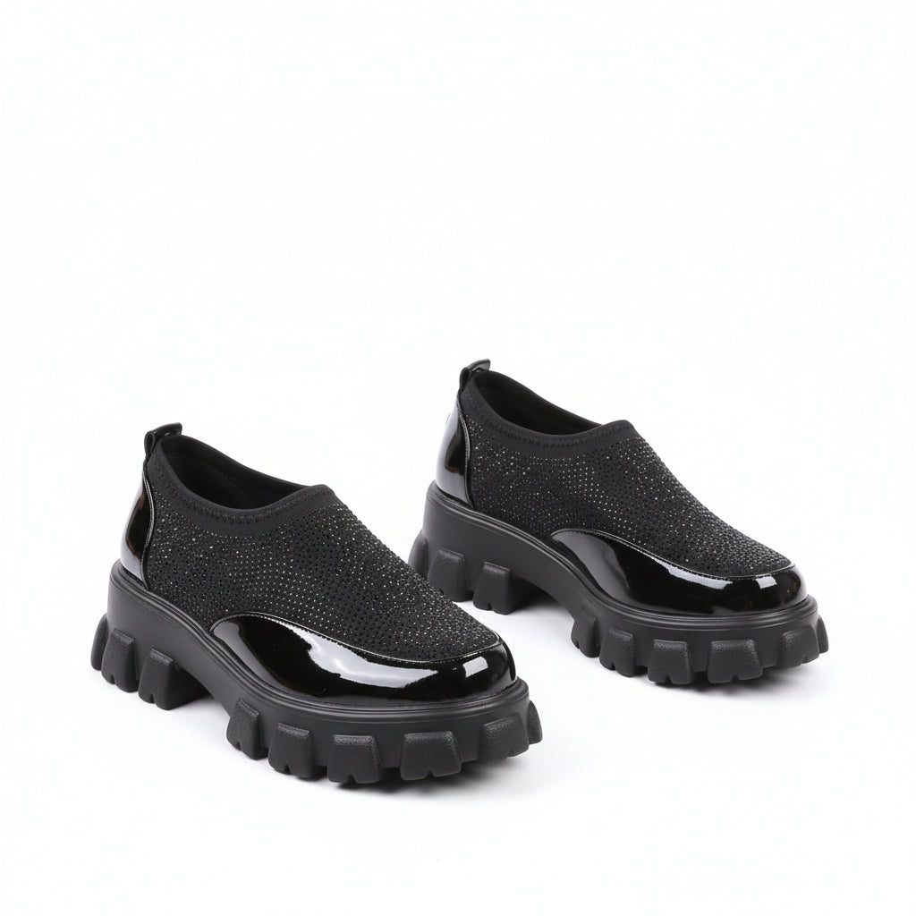 Chunky Rhinestone Studded Fabric Loafers